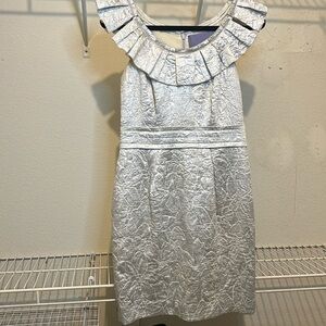 Vera Wang Lavender Label silver brocade cocktail dress; pleat detail collar